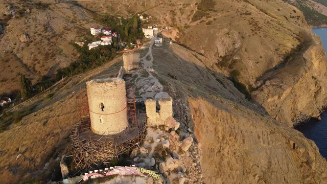 Flying over The Cembalo fortress and the Bay of Balaklava, Republic of Crimea.