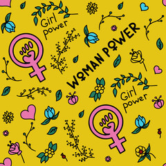 Seamless pattern doodle signs of feminism, women s rights. Grunge hand drawn vector icons of Feminism protest symbols A rally to fight for voting rights