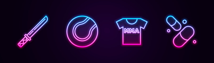 Set line Japanese katana, Tennis ball, T-shirt with fight club MMA and Vitamin pill. Glowing neon icon. Vector