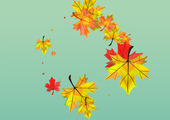 Fototapeta na wymiar Autumnal Leaf Background Green Vector. Plant Wallpaper Texture. Orange Seasonal Foliage. October Leaves Frame.