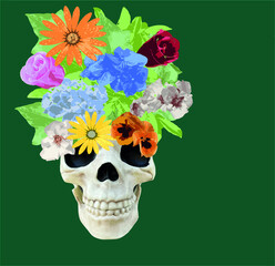 Vector illustration of skull with flowers and leaves  on head. Dark green background