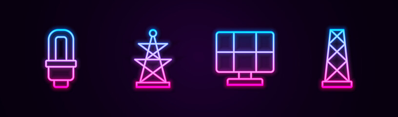 Set line LED light bulb, Electric tower, Solar energy panel and Antenna. Glowing neon icon. Vector