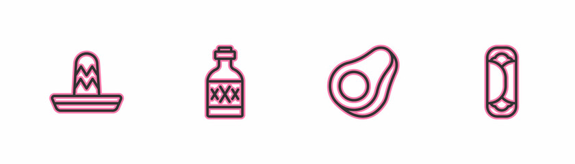 Set line Mexican sombrero, Avocado fruit, Tequila bottle and Burrito icon. Vector