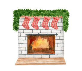 Watercolor Christmas fireplace decorated with red socks and fir garland. Hand painted white brick stone burning fire place with hanging stockings isolated on white background. Winter home interior.