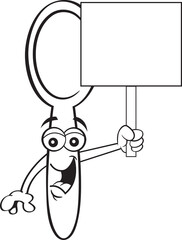 Black and white illustration of a happy spoon holding a sign.