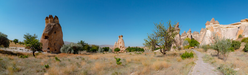 Panoramic view of Pasabagi in Cappadocia. Fairy Chimneys or peri bacalari.