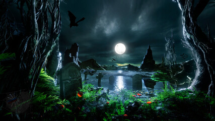 Fototapeta na wymiar 3D illustration of dark forest with lake and cemetery..