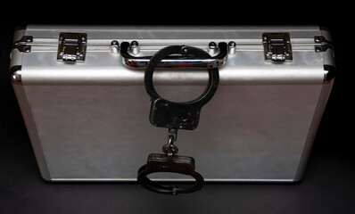 The handcuffs are chained to the handle of a metal suitcase. Concept: sale of secrets, espionage, arrest of a drug courier, secret information, money and securities.