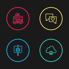 Set line Marijuana, Peace cloud, Speech bubble chat and Hippie camper van icon. Vector