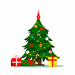 Christmas tree with gifts. Vector cartoon illustration