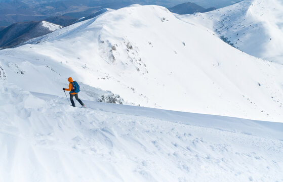  High mountaineer dressed bright orange softshell jacket using a trekking poles descending the snowy mountain summit. Active people concept image on Velky Krivan, SLovakian Tatry.