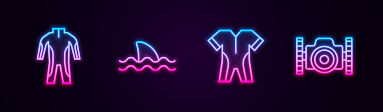 Set line Wetsuit for scuba diving, Shark, and Photo camera diver. Glowing neon icon. Vector