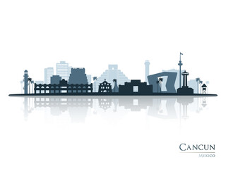 Cancun skyline silhouette with reflection. Landscape Cancun, Mexico. Vector illustration.