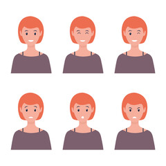 Woman different face emotions set. Girl face expression collection. Vector isolated on white
