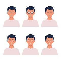 Fototapeta premium Man with black hair and different face emotions set. Guy face expression collection. Cartoon male character portraits. Vector isolated on white