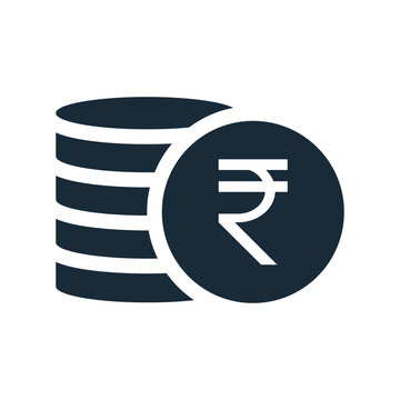 Indian rupee coin stack icon. Money coins black silhouette. Business payment concept. Vector isolated on white	