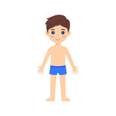 Funny Cartoon Little Child. Happy Schoolboy is Standing in Underwear and Swimming Trunks. Character with Blue Eyes and Brown Hair. Smile on a child's Face. Template. White background. Vector image.