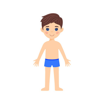 Funny Cartoon Little Child. Happy Schoolboy is Standing in Underwear and Swimming Trunks. Character with Blue Eyes and Brown Hair. Smile on a child's Face. Template. White background. Vector image.