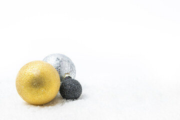 Horizontal christmas decoration on white background and snow