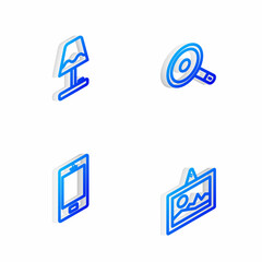 Set Isometric line Frying pan, Table lamp, Mobile phone and Picture icon. Vector