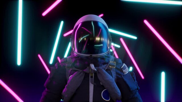 Astronaut in infinite neon tunnel corridor. Neon laser lights. Retrowave loop