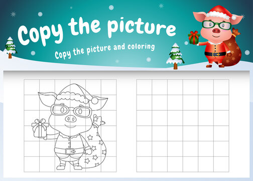 Copy the picture kids game and coloring page with a cute pig using santa costume