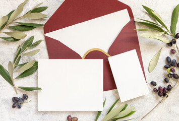 Wedding Blank cards and envelope with olive tree branches top view
