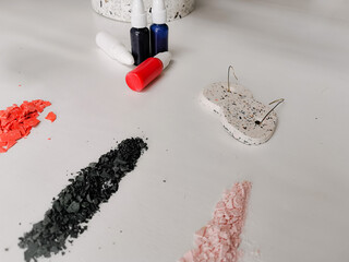 DIY terrazzo decoration materials and tool kit. Handmade earrings or christmas balls.