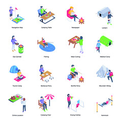Fototapeta premium Set of Camping Activities Isometric Icons