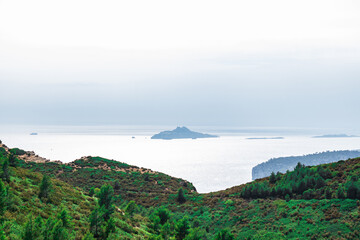 an island in the fog in the middle of the sea