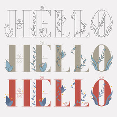 The word hello, vector hand-drawn text decorated with flowers and leaves