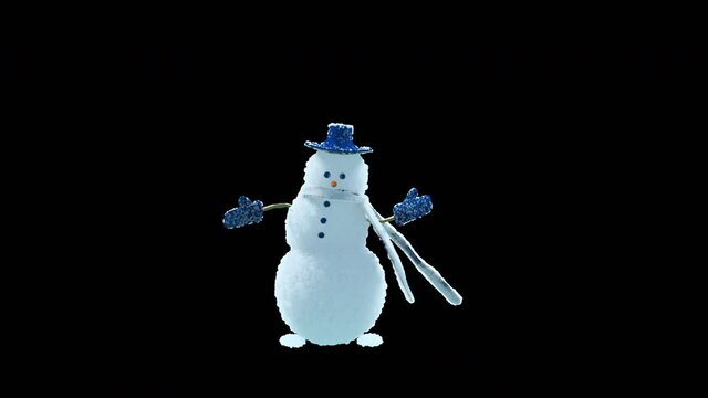 Merry christmas and happy new year, 3d rendering, Snowman,  Animation Loop, cartoon, included in the end of the clip with Alpha matte.