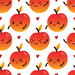 Cute happy cartoon style apple characters with red hearts vector seamless pattern background for autumn, fall harvest design.

