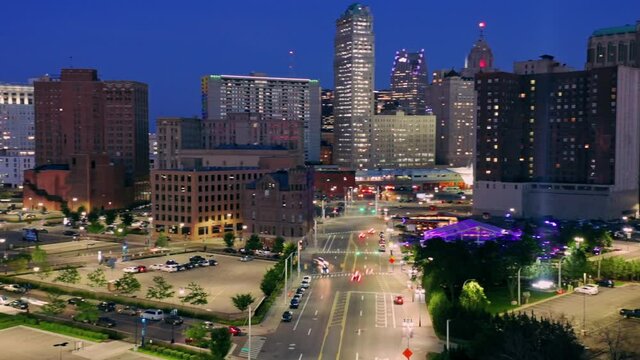 Aerial Hyperlapse of downtown Detroit at night, Michigan, USA