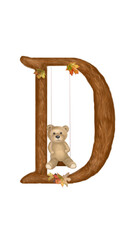 Letter D font. The original autumn alphabet for kids with a wonderful teddy bear, which learns the letters with the baby. Great choice for holiday decorations, cards, presentations or textbook