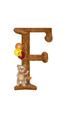 Letter F. The original children's autumn alphabet with a wonderful teddy bear, which learns the letters with the baby. Great choice for holiday decorations, children's cards, presentations or textbook