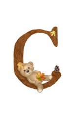 Letter C font. The original autumn alphabet for kids with a wonderful teddy bear, which learns the letters with the baby. Great choice for holiday decorations, cards, presentations or textbook