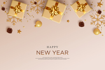 Fototapeta na wymiar happy new year banner with realistic gifts.