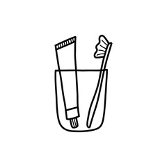 Bathroom accessories. Brush and toothpaste in a glass. Black and white vector illustration on a white background dooddle. Morning routine