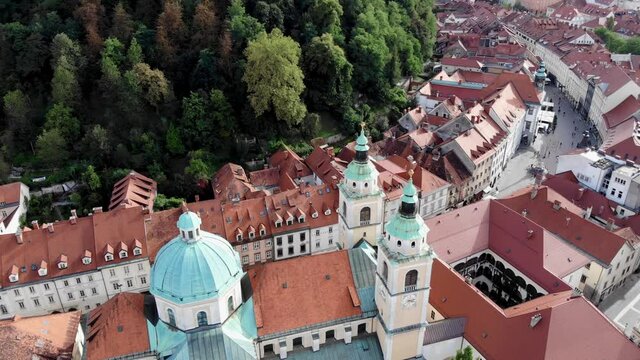 Shot from a drone Cathedral of St. Nicholas in Ljubljana. Catholic cathedral in the city of Ljubljana. Cathedral of the Diocese of Ljubljana. Architectural monument. Cathedral in the center Ljubljana
