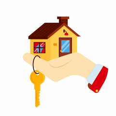 Fototapeta na wymiar Hand holds the house and the key. Vector illustration of a mortgage loan. Mortgage banner template with house and key. Real estate poster concept