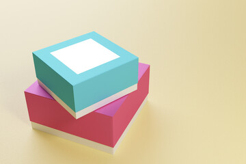 Gift boxes on top of each other on a yellow background. 3D render.