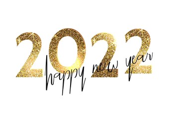 Obraz na płótnie Canvas 2022 Happy new year. Numbers golden glitter confetti design greeting card. Vector illustration.