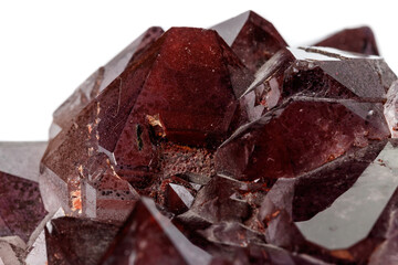 Macro mineral stone Amethysts, Goethite, Epidote on a white background