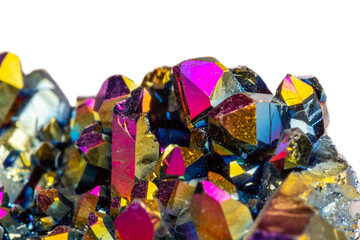 Macro mineral stone Titanium Quartz, Flame Aura Quartz on a white background