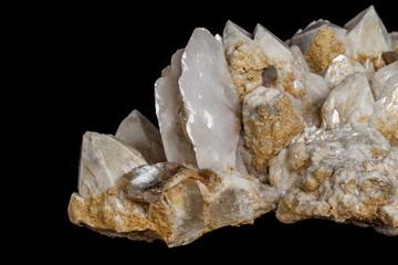 Macro mineral stone Snow quartz with calcite on a black background