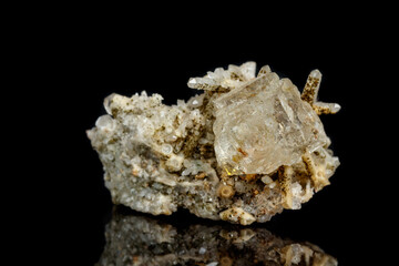 Macro mineral stone fluorite with quartz against black background