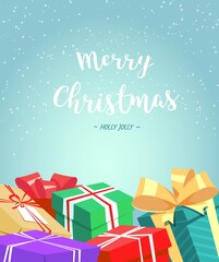 Christmas Greeting Card template.Many different gifts box on a blue background