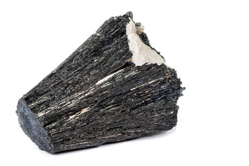 Macro mineral stone Schorl, Black Tourmaline on a white background