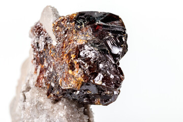 Macro of mineral Sphalerite stone on microcline on white background
